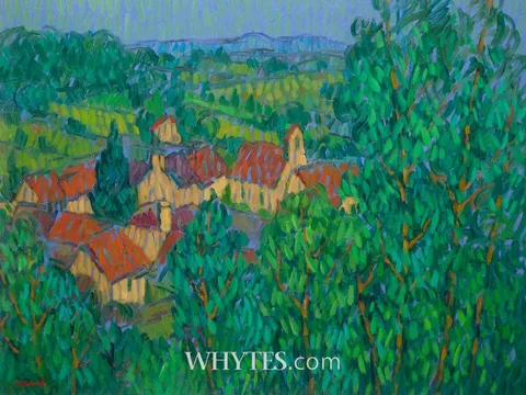 Desmond Carrick, VIEW OF A CONTINENTAL VILLAGE FROM ABOVE, oil on board