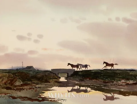 John Skelton, WILD HORSES AT DAWN, watercolour