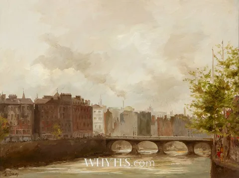 Leo Earley, GREY DAY OVER LIFFEY, oil on canvas