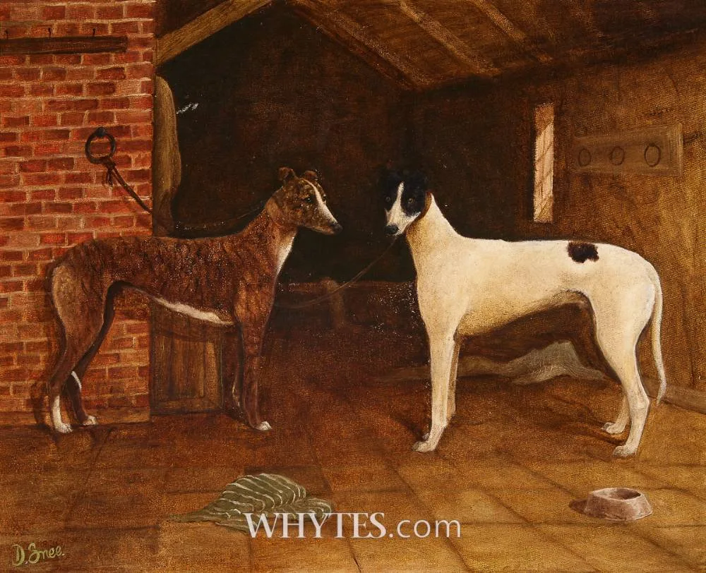 GREYHOUNDS by Desmond Snee, oil on board, offered Mar 2026