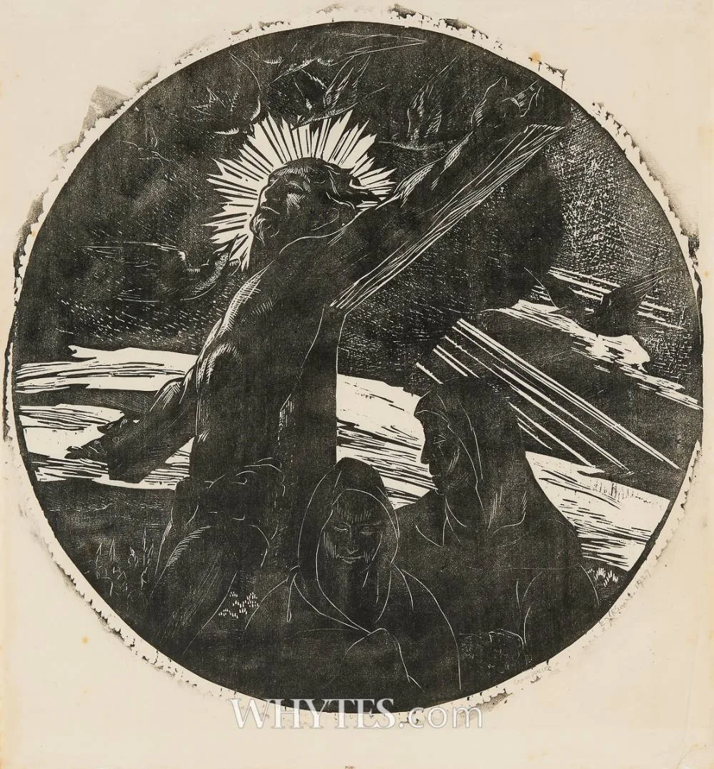 CRUCIFIXION by Elizabeth Rivers, 1927, wood engraving, sold Mar 2026