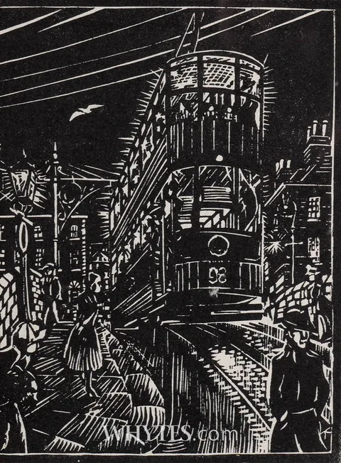 Harry Kernoff, TRAM AT NIGHT, LEPRECHAUN and KERRY PEASANTS (SET OF THREE), woodcuts; (3); (two unframed)