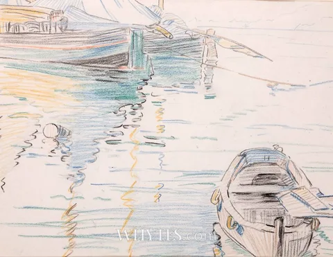 Mary Swanzy, TWO MOORED BOATS WITH ROWING BOAT IN FOREGROUND, coloured pencils