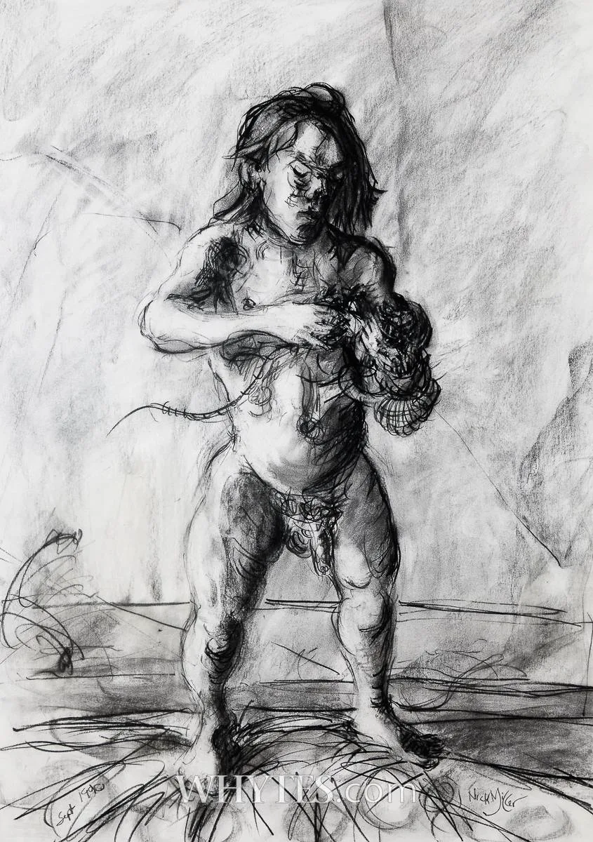 CORBAN WALKER by Nick Miller, 1990, charcoal, offered Mar 2026
