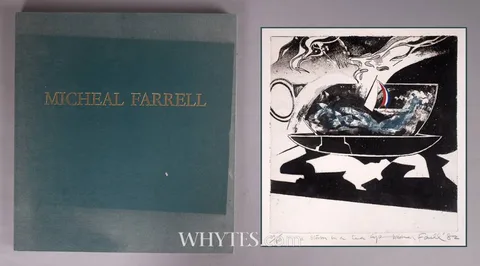 Micheal Farrell, A SHORTER HISTORY, 1982, folio of eight etchings with aquatint, plus eight sheets of letterpress in green linen clam shell case (no. 9 from an edition of 80)