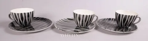 John Ffrench, CUP & SAUCER/PLATE 'NIGHT-CAP' SET, 1962 (SET OF SIX), hand-painted ceramic; cup; (3); saucer; (3)