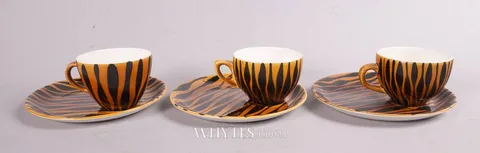 John Ffrench, CUP & SAUCER/PLATE 'NIGHT-CAP' SET, 1962 (SET OF SIX), hand-painted ceramic; cup; (3); saucer; (3)