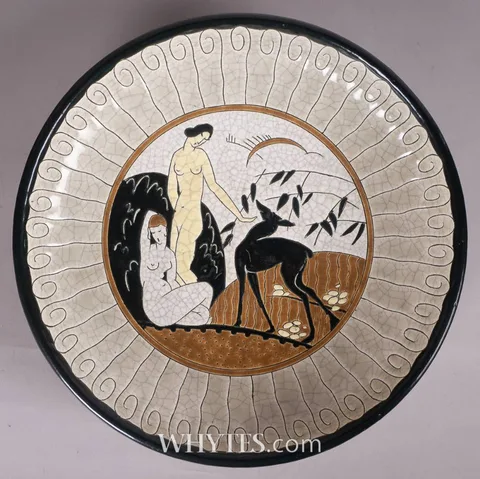 FEMALE FIGURES WITH DOE by Longwy, c.1925, polychrome ceramic charger, sold Mar 2026