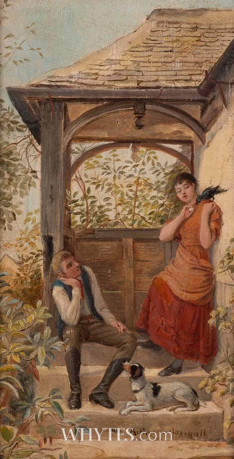 Arthur Howes Weigall, COUPLE ON A STOOP WITH BIRD AND DOG, oil on panel