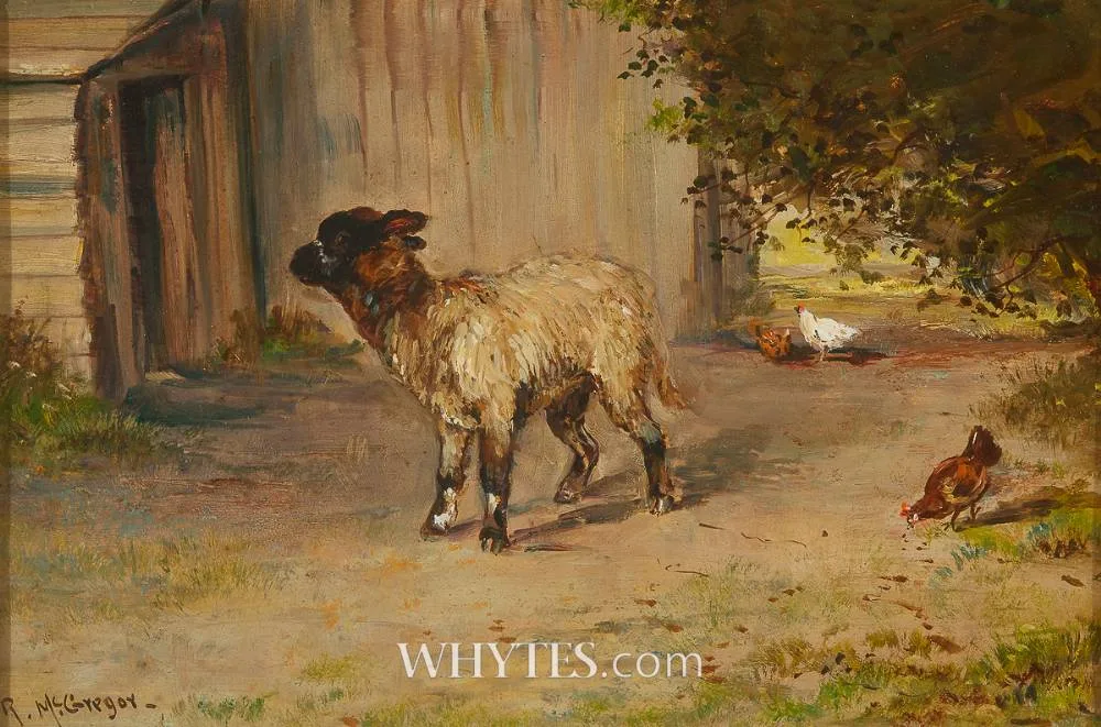 SHEEP AND CHICKENS by Robert McGregor, oil on panel, offered Mar 2026