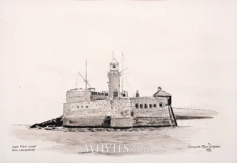 Kenneth King, EAST PIER LIGHTHOUSE, DÚN LAOGHAIRE, 1976, ink and wash