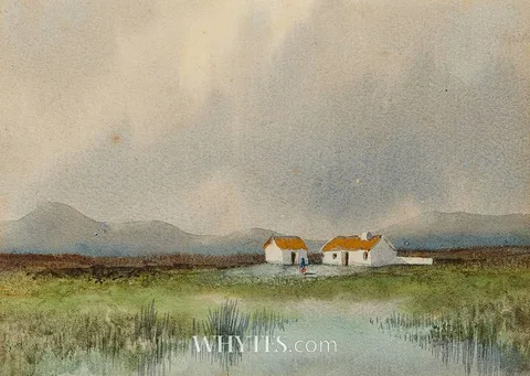 LONE COTTAGE ON THE MOORS by William Percy French, watercolour heightened with white, offered Mar 2026