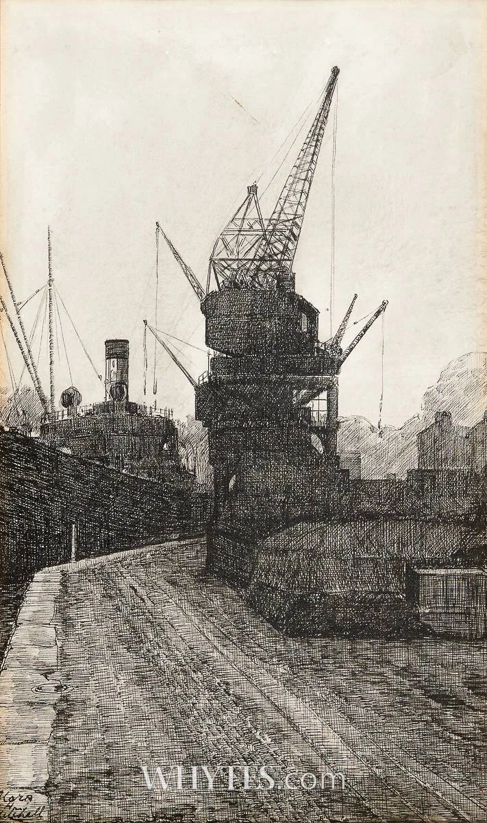 DUBLIN DOCK SCENE by Flora Mitchell, ink, sold Mar 2026
