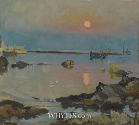 Patrick Leonard, MOON OVER LOUGHSHINNY HARBOUR, COUNTY DUBLIN, oil on canvas