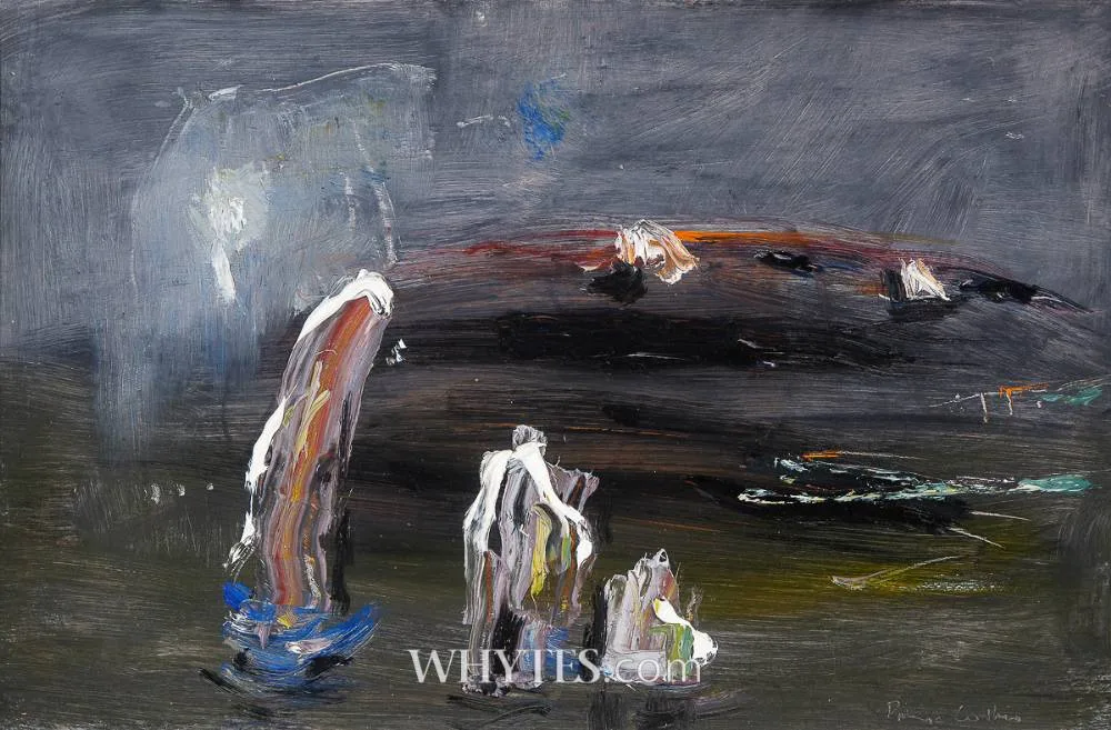 MENHIRS by Patrick Collins, oil on board, sold Mar 2026