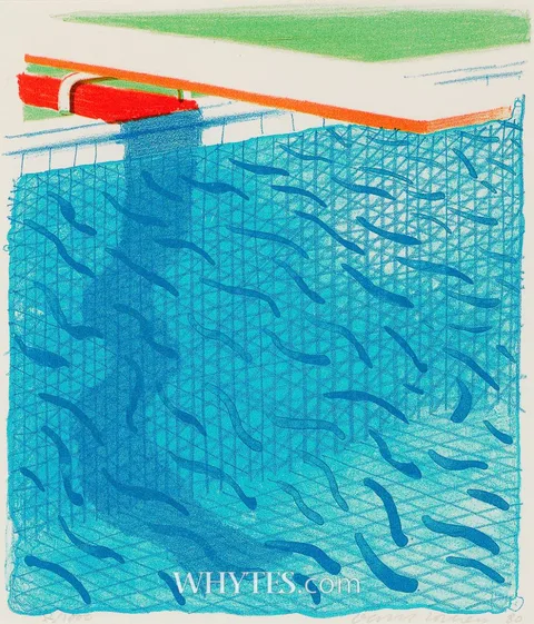 David Hockney, POOL MADE WITH PAPER AND BLUE INK FOR BOOK, 1980, lithograph in colors on Arches Cover paper; (no. 52 from an edition of 1000)
