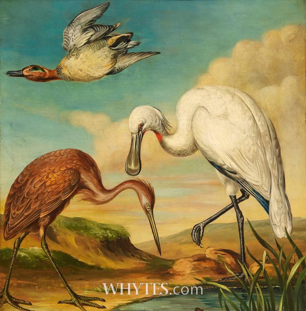 PEAHEN, SPOONBILL & PIGEON IN CLASSICAL LANDSCAPE by Gerrit van den Heuvel, oil on panel, sold Mar 2026
