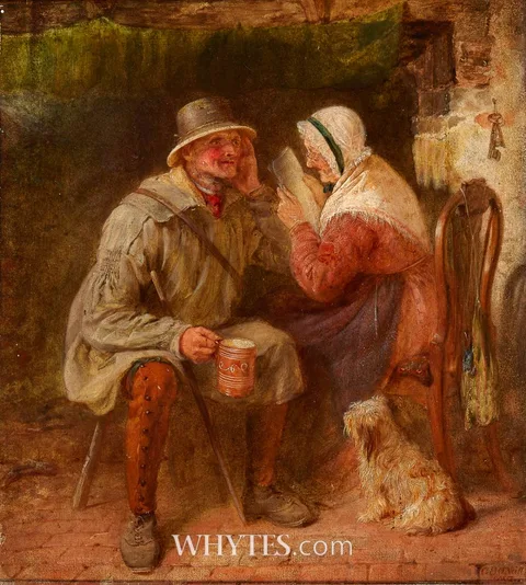 George Bernard O'Neill, READING THE NEWS, 1858, oil on panel