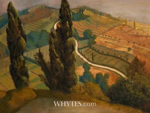 Stuart Morle, CYPRESS TREES, URBINO, oil on board