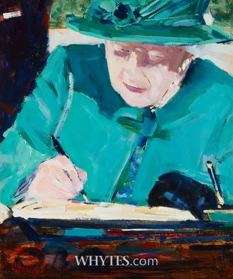 Michael Hanrahan, THE QUEEN SIGNING THE VISITORS BOOK AT ÁRAS AN UACHTARÁIN, acrylic on board