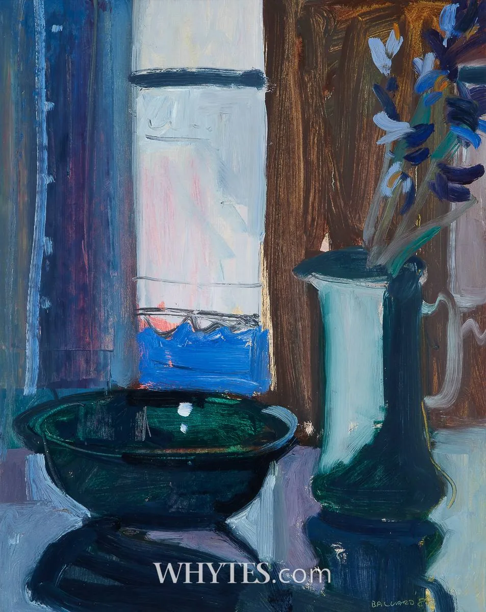 IRIS IN JUG by Brian Ballard, 1988, oil on board, sold Mar 2026