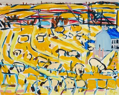 Elizabeth Cope, SHEEP GRAZING NEAR WEAVER'S HOUSE NEAR MITFORD, 2005, oil on board