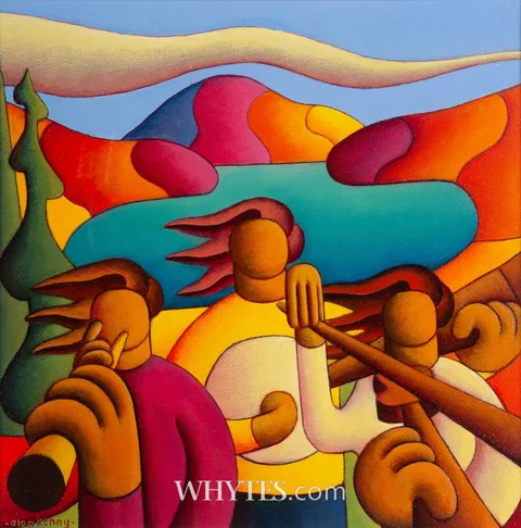 MUSICIANS BY LAKE by Alan Kenny, oil on canvas, sold Dec 2025