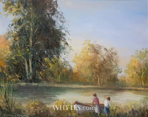 FIGURES WITH BOATS BY A RIVER by Norman J. McCaig, oil on canvas board, offered Dec 2025