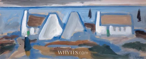 Markey Robinson, COTTAGES IN A BLUE LANDSCAPE, gouache