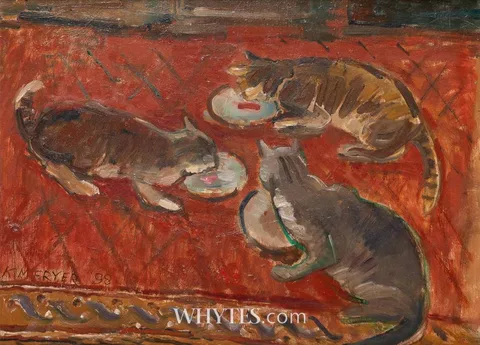 THREE CATS DRINKING ON AN ORIENTAL CARPET by Katherine Mary Freyer, 1998, oil on board, sold Dec 2025