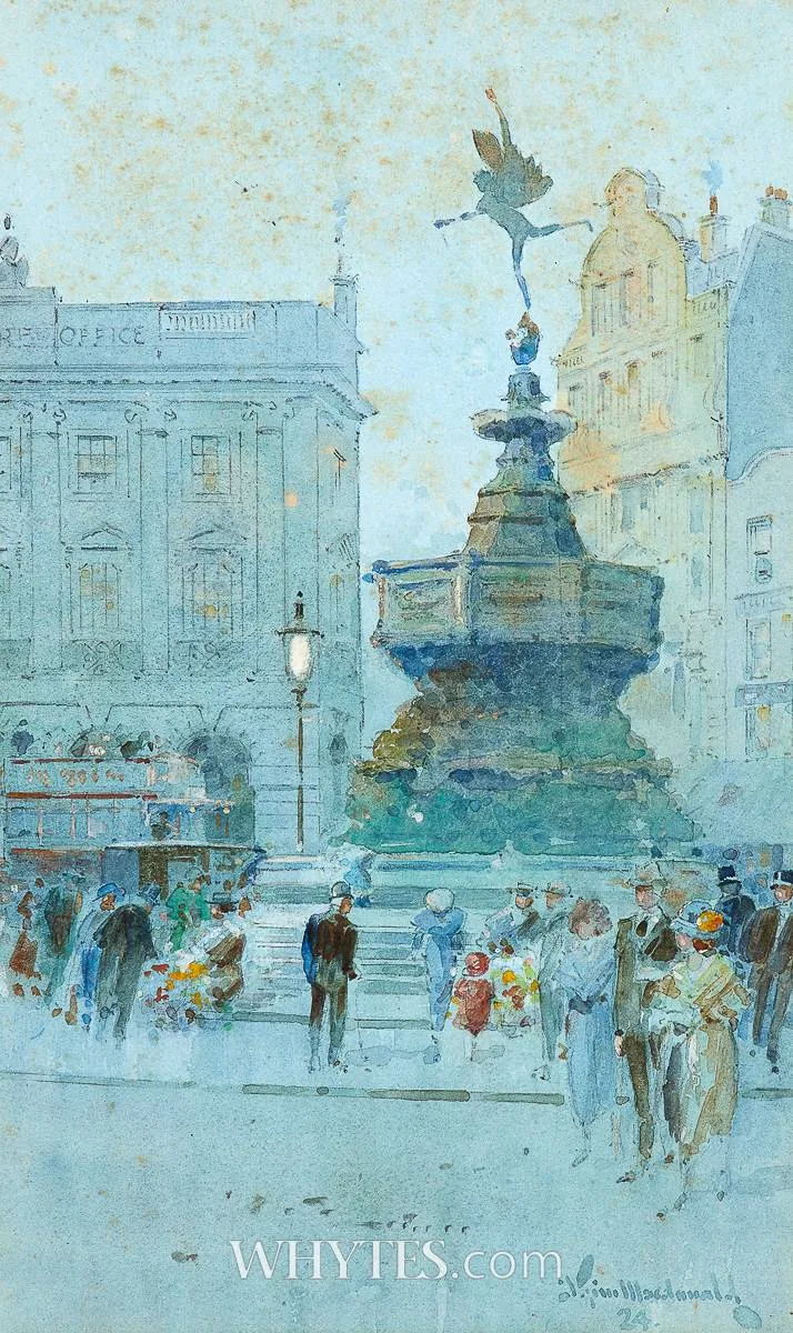 J. Tim MacDonald, PICCADILLY CIRCUS, LONDON, 1924, watercolour heightened with white on blue tinted paper