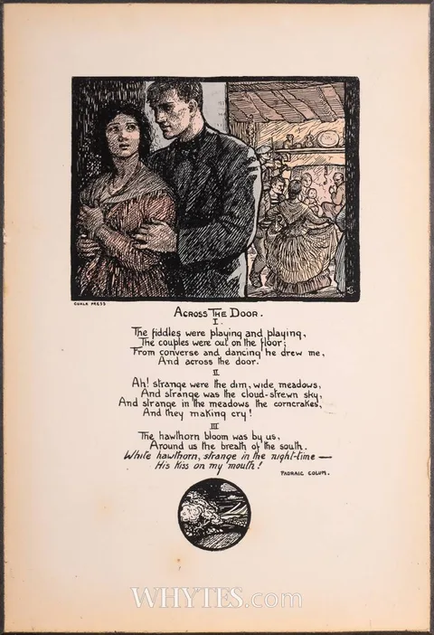 Cuala Press, ACROSS THE DOOR (POEM BY PADRAIC COLUM), hand-coloured Cuala Press print on wooden board; (unframed)