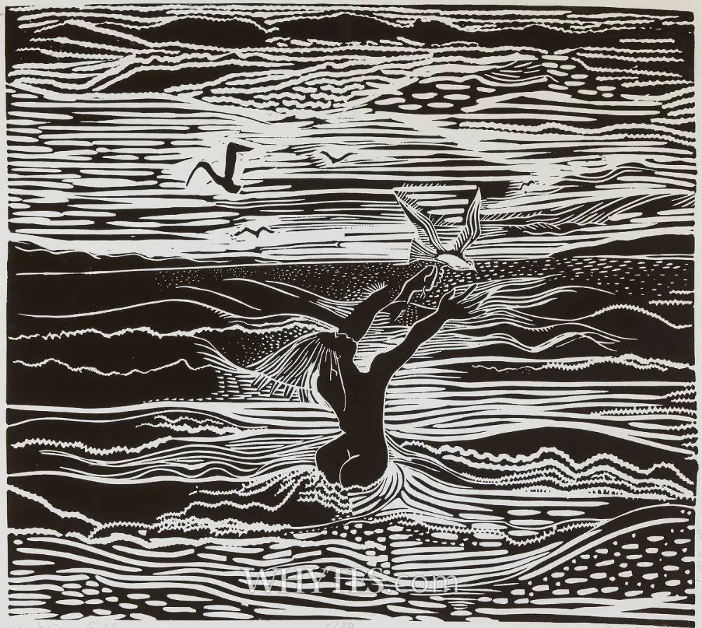 Pauline Bewick, CATCHING A GULL, linocut; (no. 8 from an edition of 30)
