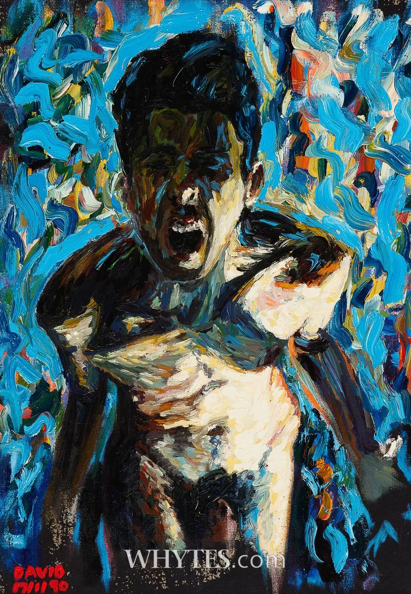 SELF-PORTRAIT IN BLUE (SCREAMING) by David B. Murphy, 1990, oil on canvas board, offered Dec 2025