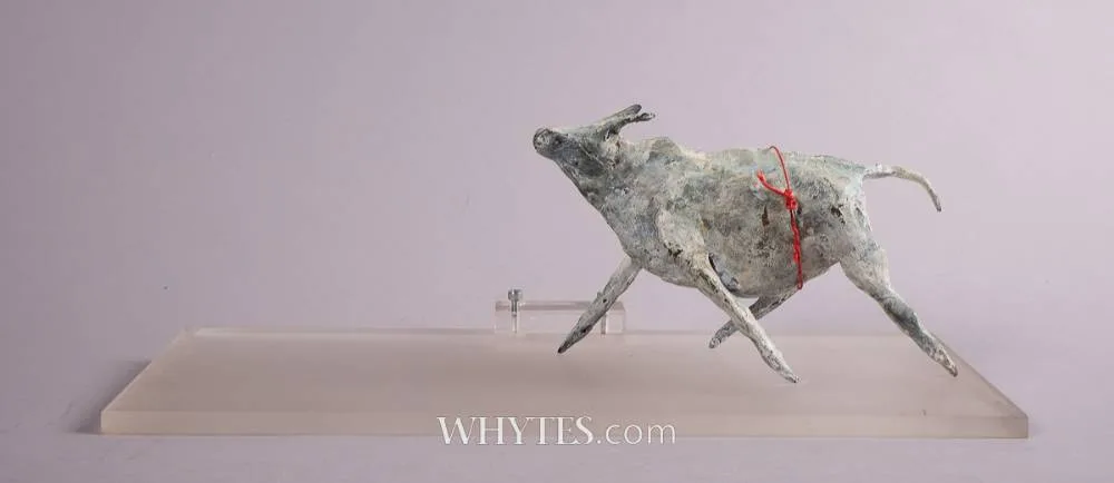 Janet Mullarney, BULL (ELEMENT OF ALPHA AND OMEGA), 2003, patinated bronze, thread, plexiglass shelf