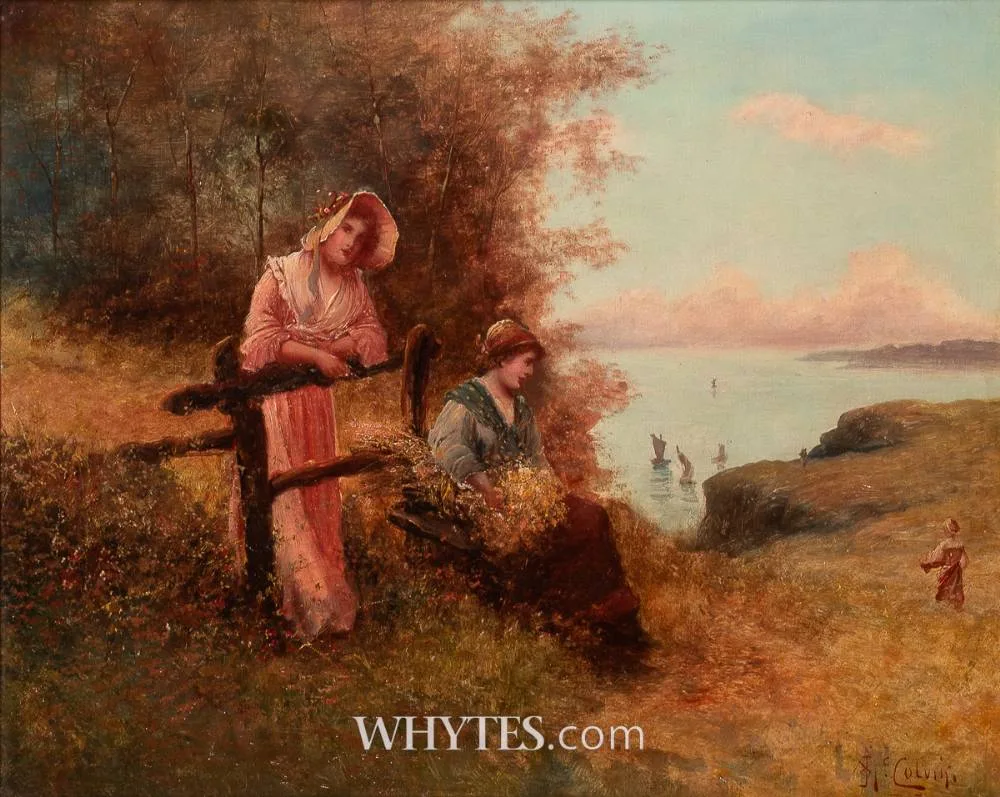 James Andrew (John) McColvin, WOMEN RESTING BY A GATE WITH SAILBOATS IN THE DISTANCE, oil on canvas