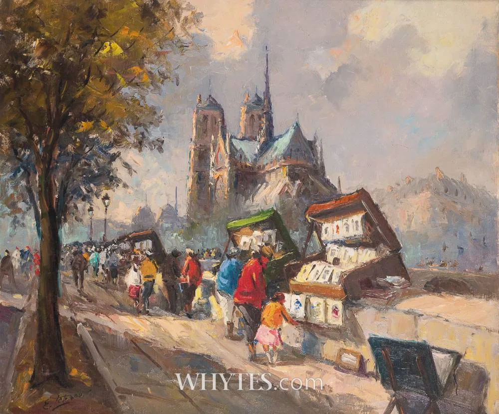 Edouard le Saout, ART MARKET ON THE SEINE WITH NOTRE-DAME CATHEDRAL, oil on canvas