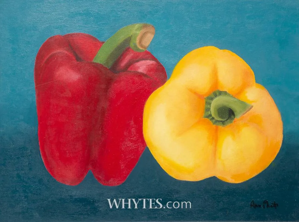 Ann Philip, RED AND YELLOW BELL PEPPERS, oil on canvas