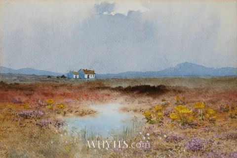 FLOWERING HEATHER AND COTTAGE by William Percy French, watercolour, sold Dec 2025