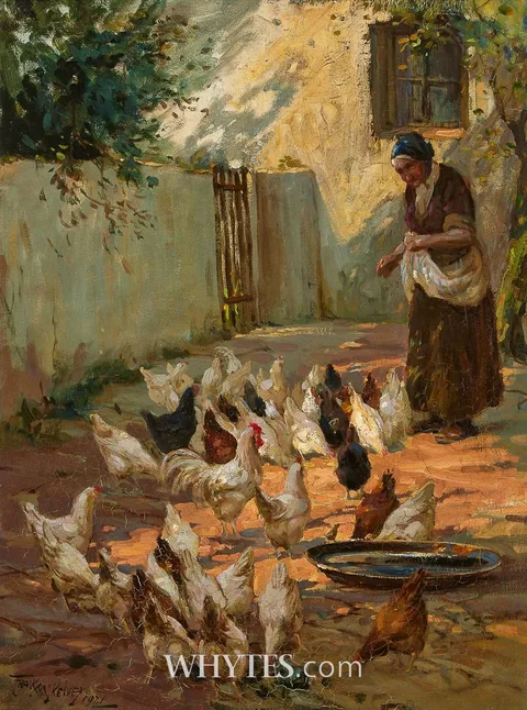 Frank McKelvey, WOMAN FEEDING HENS, 1921, oil on canvas