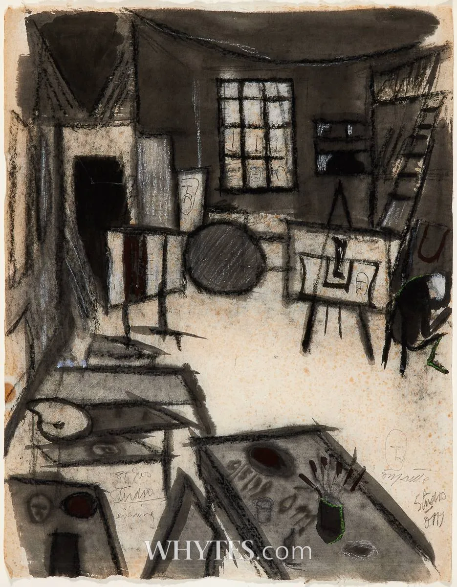 ST. IVES STUDIO - EVENING by Tony O'Malley, ink wash and crayon, sold Dec 2025