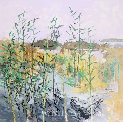 ANCIENT STONE AMONG REEDS by Terence P. Flanagan, oil on canvas, sold Dec 2025
