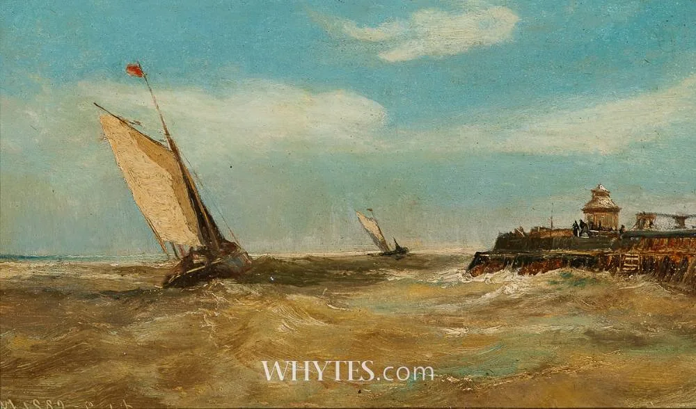 APPROACHING GORLESTON HARBOUR, NORFOLK, ENGLAND by Edwin Hayes, 1882, oil on board, sold Dec 2025