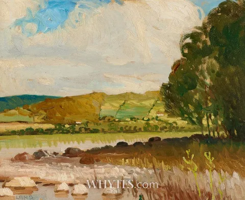 Charles Vincent Lamb, LAKE SCENE WITH COTTAGES IN THE DISTANCE, oil on board