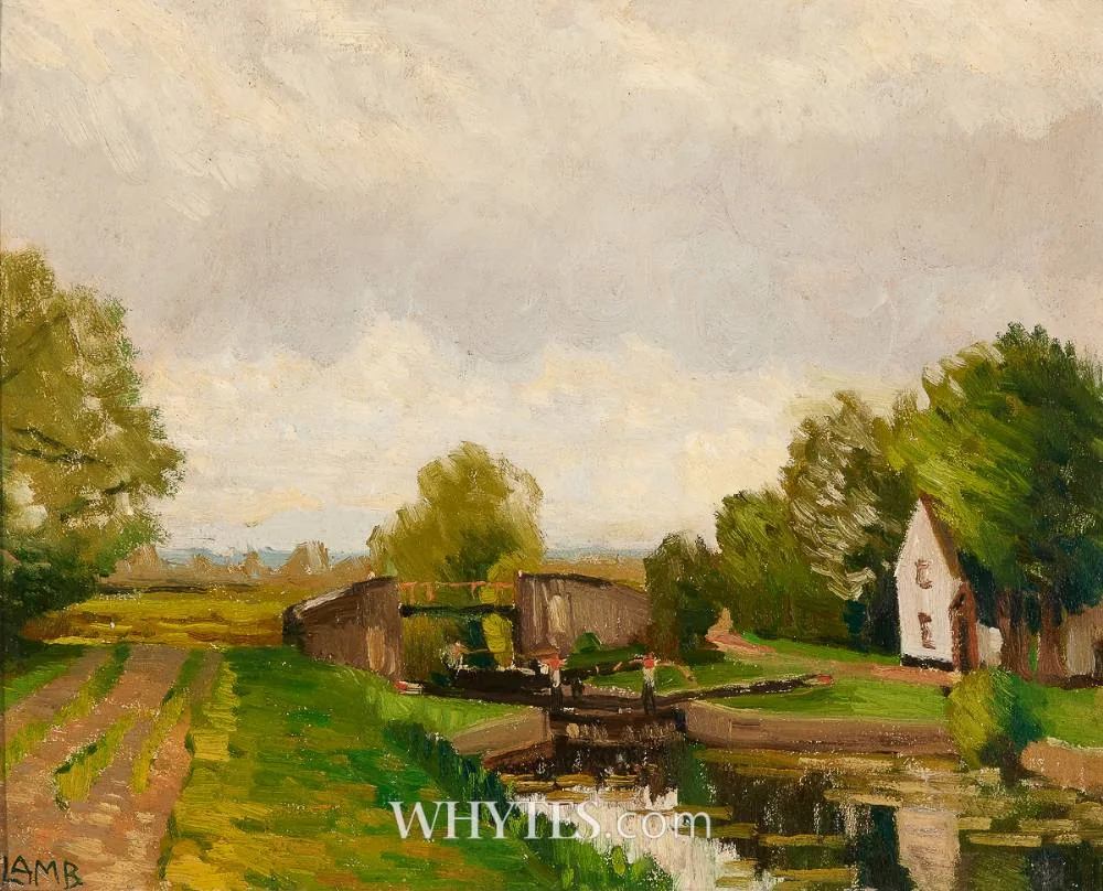 CANAL LOCK by Charles Vincent Lamb, oil on board, sold Dec 2025