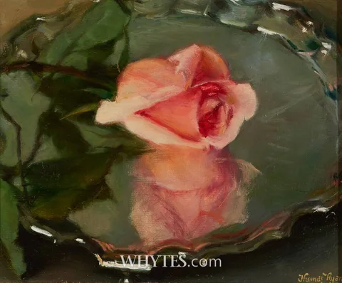 Thomas Ryan, PINK ROSE ON SILVER SALVER, 1975, oil on board