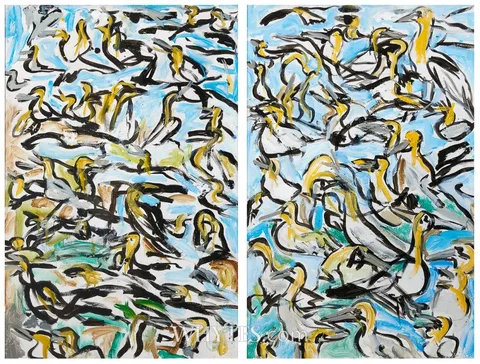 Elizabeth Cope, BIRDS IN OUR SALTEE ISLANDS, 2003 [DIPTYCH], oil on panel; (framed together)