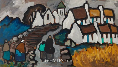 Markey Robinson, SHAWLIES WALKING TO THE VILLAGE, oil on board