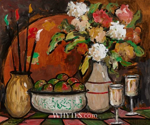 Gladys Maccabe, STILL LIFE WITH FLOWERS AND ARTIST'S PALETTE, oil on board