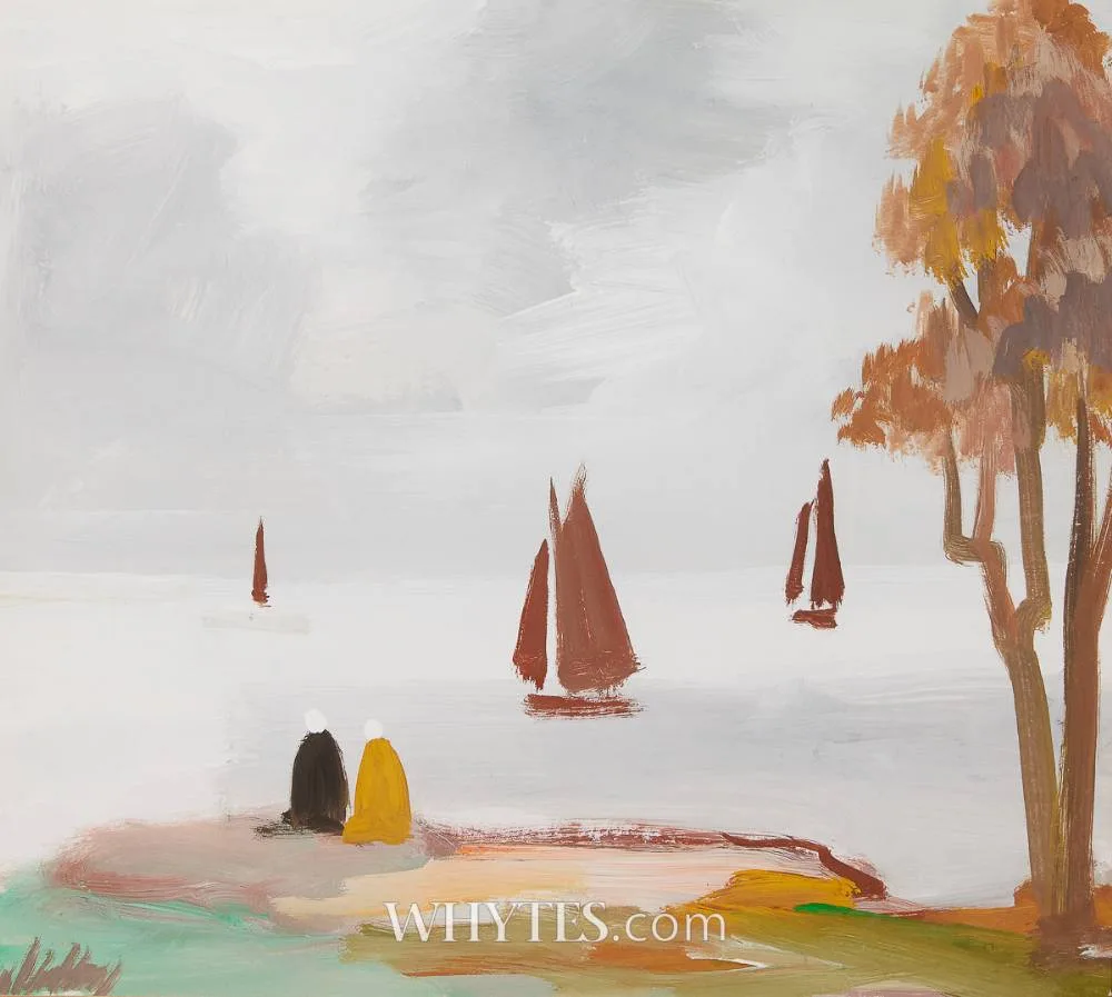 BOATS AND FIGURES ON SHORE by Markey Robinson, gouache, sold Oct 2025